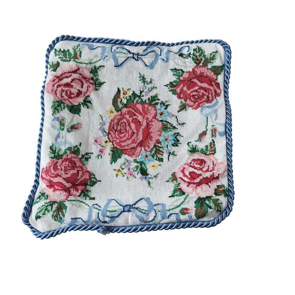 Pink Roses Blue Bows Needlepoint Square Pillow Cover Cottage Core Romantic READ